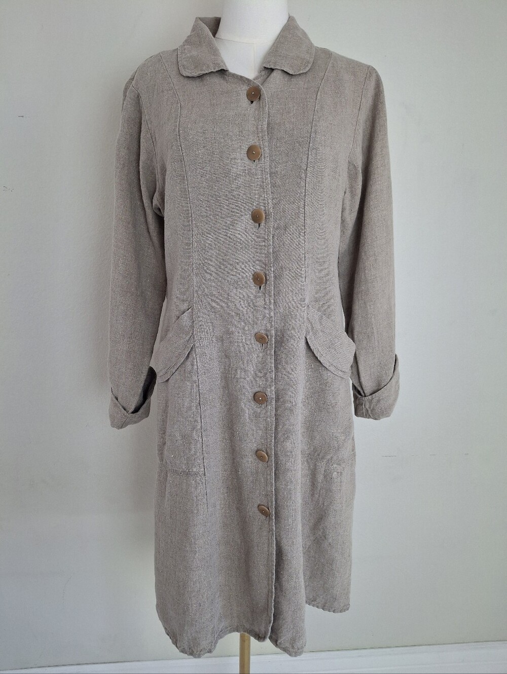 FLAX by Jeanne Engelhart Linen Button Front Long Jacket or Coat